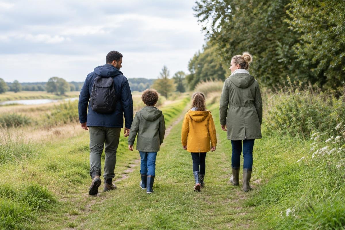 Illustratief beeld: twee volwassenen en twee kinderen van achteren tijdens een wandeling door een groen landschap
