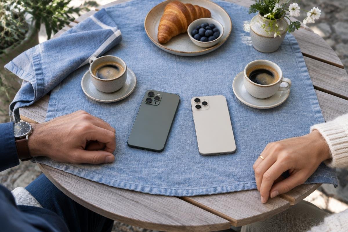 Illustratief beeld: twee omgekeerde telefoons, koffiekopjes en ontspannen handen op een blauw tafelkleed