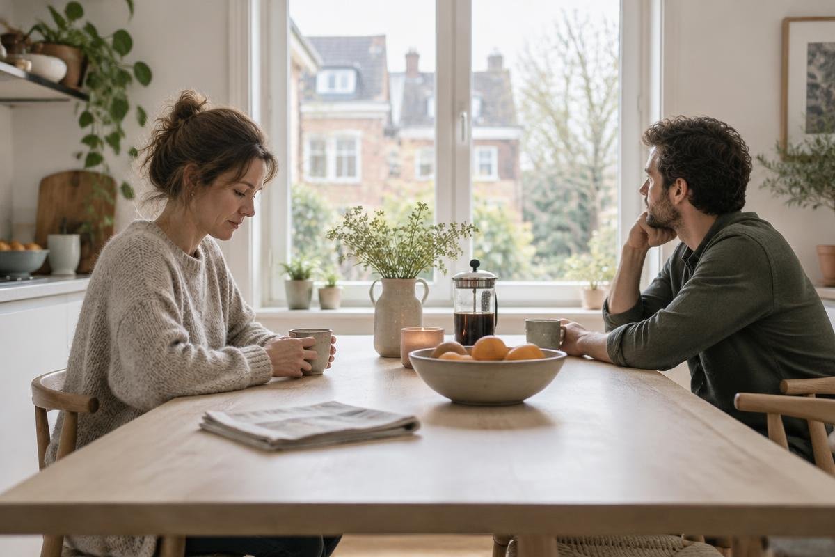 Illustratief beeld: twee volwassenen zitten stil aan weerszijden van een lichte keukentafel