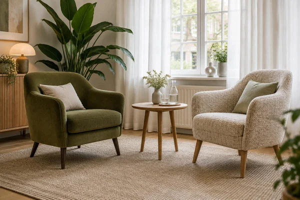 Illustratieve zithoek met twee verschillende fauteuils, een tafeltje en een grote plant bij een raam