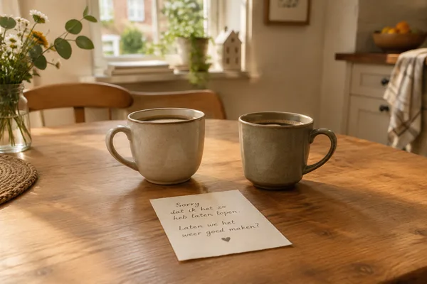 Illustratief beeld: twee koffiekoppen en een handgeschreven briefje met sorry op een houten keukentafel