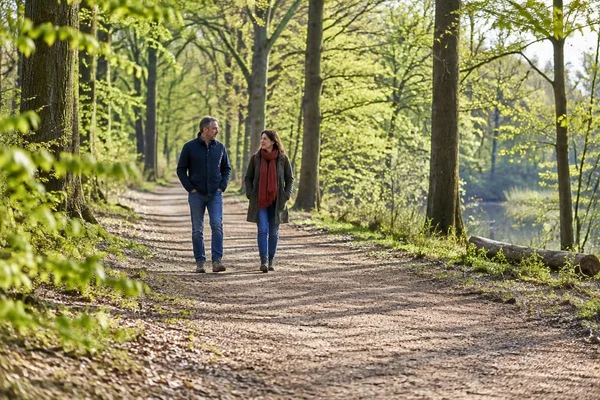 Illustratief beeld: twee volwassenen wandelen samen in gesprek over een zonnig bospad