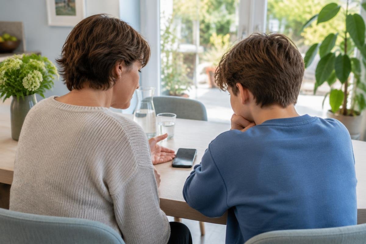 Illustratief beeld: ouder en tiener van achteren aan een eettafel met een smartphone tussen hen