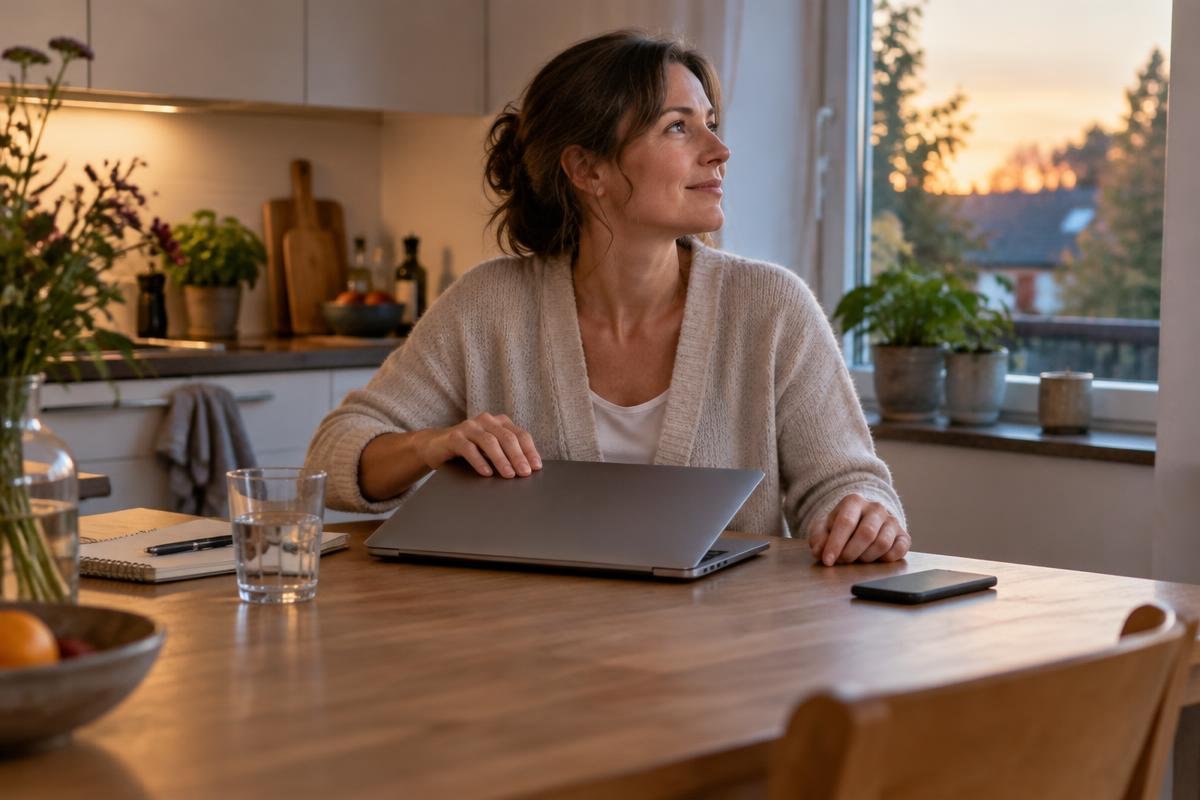 Illustratief beeld: een ondernemer sluit haar laptop aan de keukentafel met de telefoon opzij