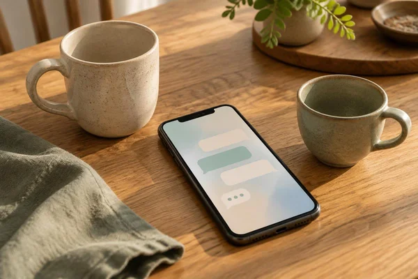 Illustratief beeld: smartphone met abstracte gespreksvlakken naast twee lege kopjes op een houten tafel