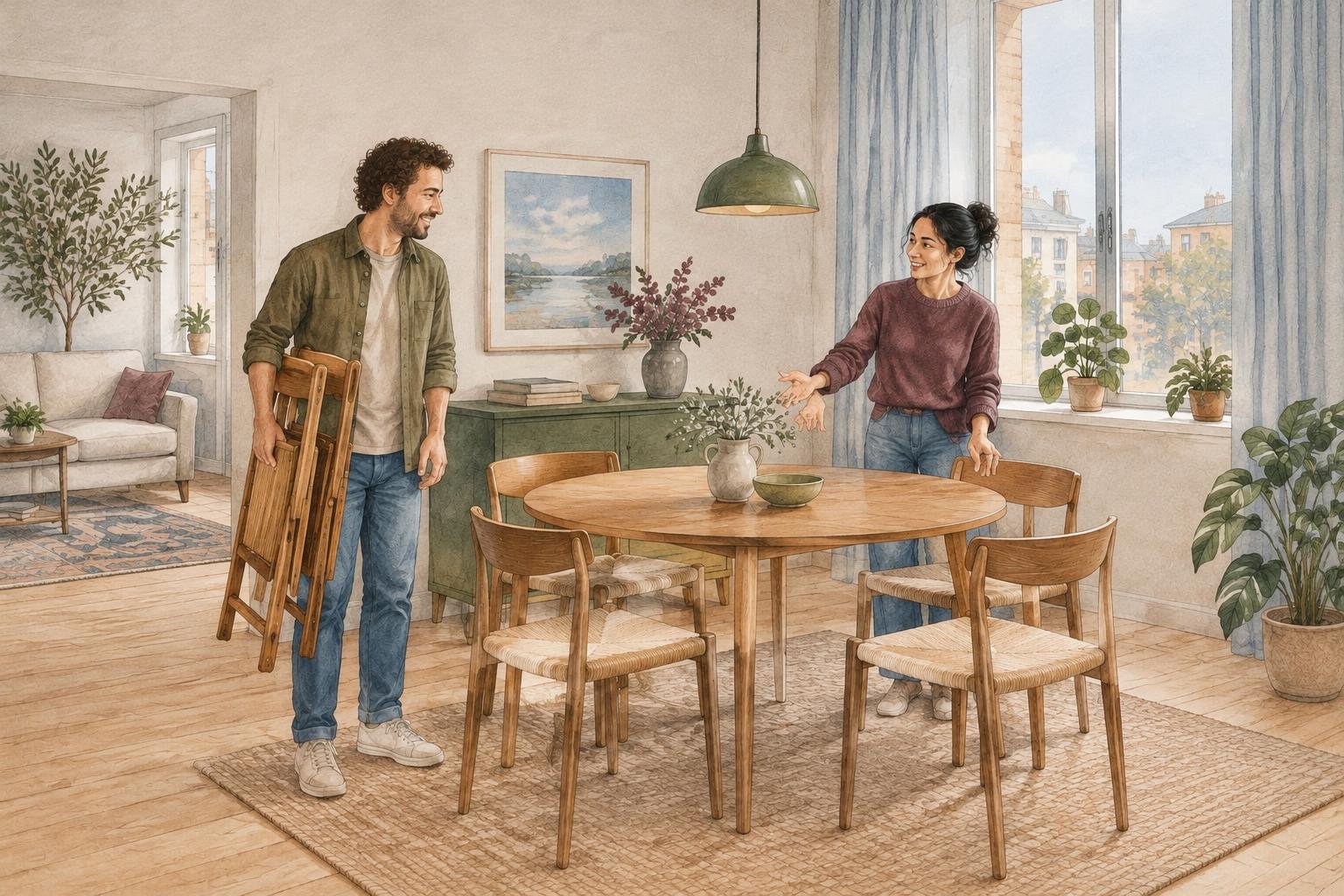Illustratie van twee partners die naast een eettafel staan; één houdt extra klapstoelen vast.