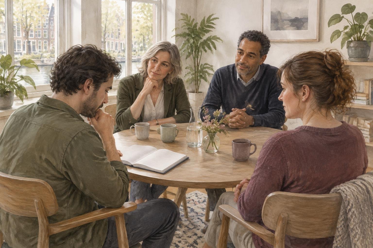 Illustratie van vier volwassenen aan een tafel; een persoon kijkt naar een open notitieboek terwijl de anderen luisteren.