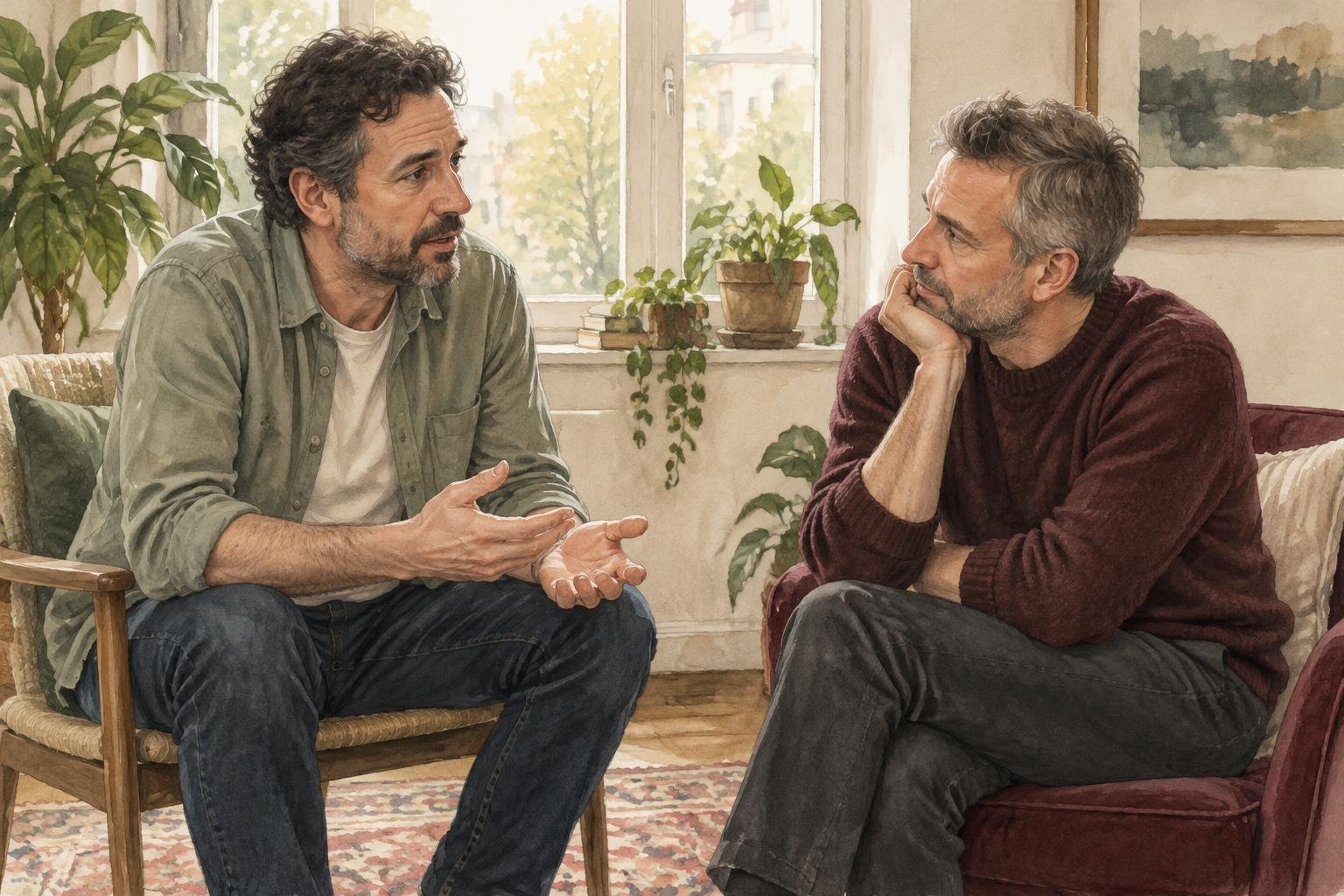 Illustratie van twee mannen op afzonderlijke stoelen bij een raam, van wie de één spreekt en de ander luistert.