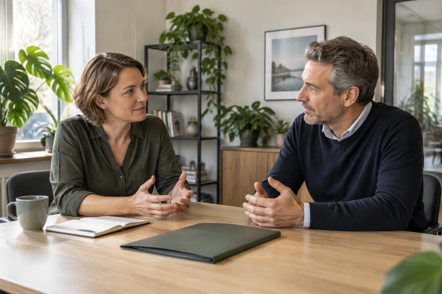 Gegenereerd sfeerbeeld van twee fictieve medeondernemers die hun samenwerking bespreken aan een tafel.